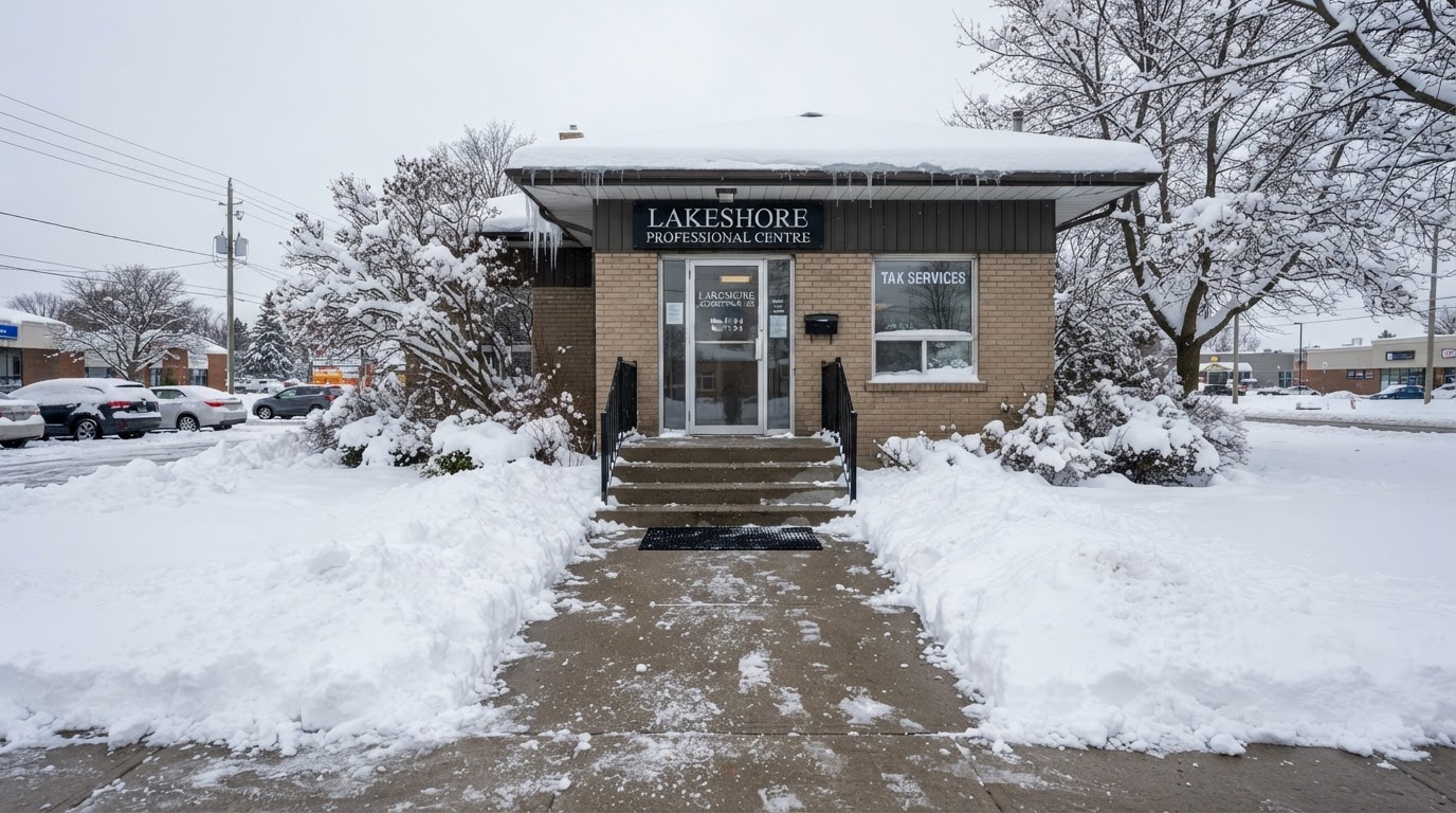 Cleared sidewalk and front entrance of a commercial building during winter in Orillia Ontario