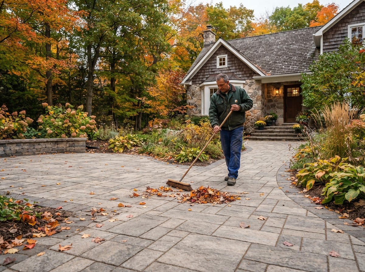Autumn cleaning and inspection of interlocking walkways and patio pavers in Ontario