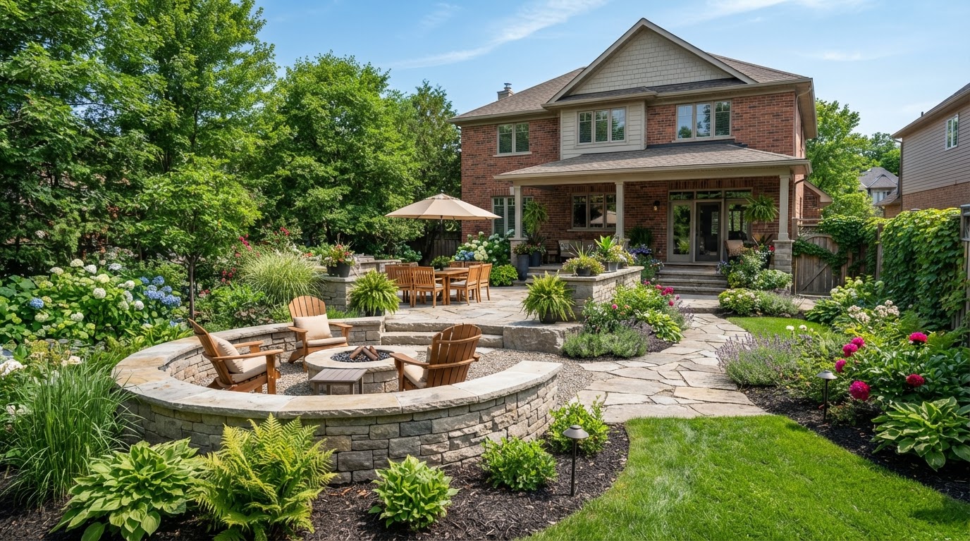 Before and after renovation of a basic backyard into a complete outdoor living environment