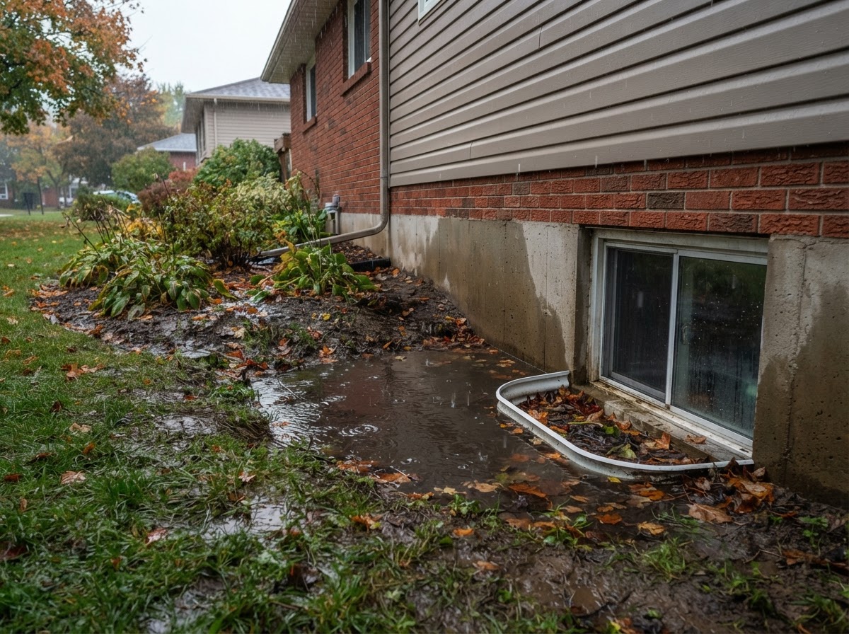 Wet soil and surface water collecting near a residential foundation in Ontario