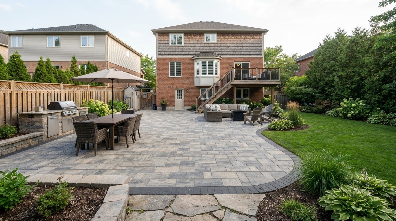 Freshly installed interlocking paver patio and walkway at a detached home in Orillia Ontario