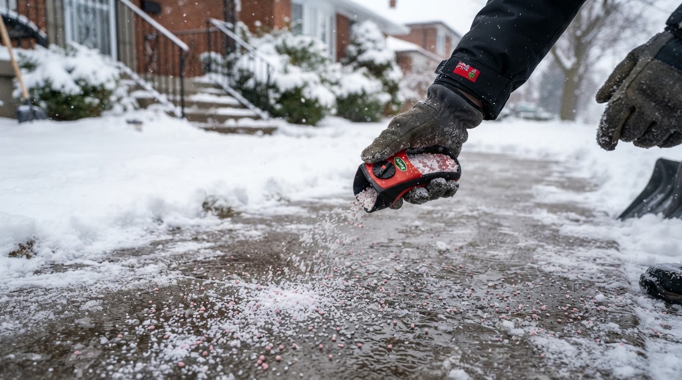 De-icing salt being spread on a cleared walkway during an Orillia Ontario winter