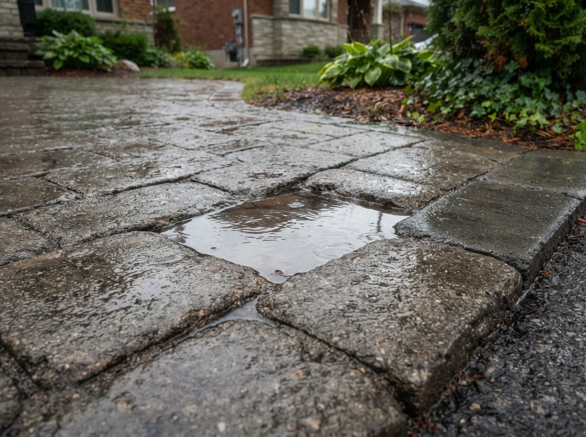 Water pooling in a low area of an interlocking driveway in Ontario after rainfall
