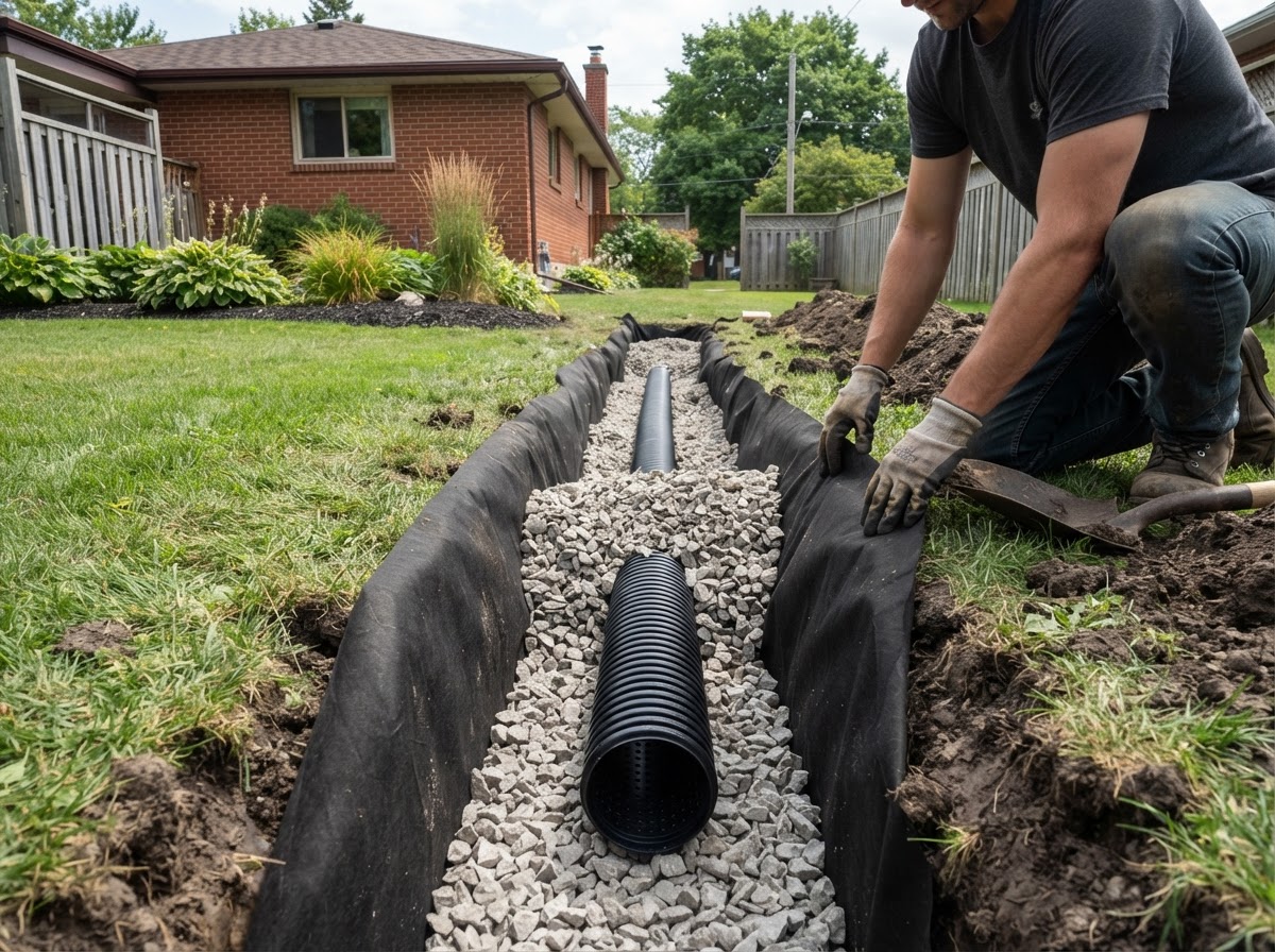 French drain installation with drainage stone and perforated pipe in an Ontario backyard