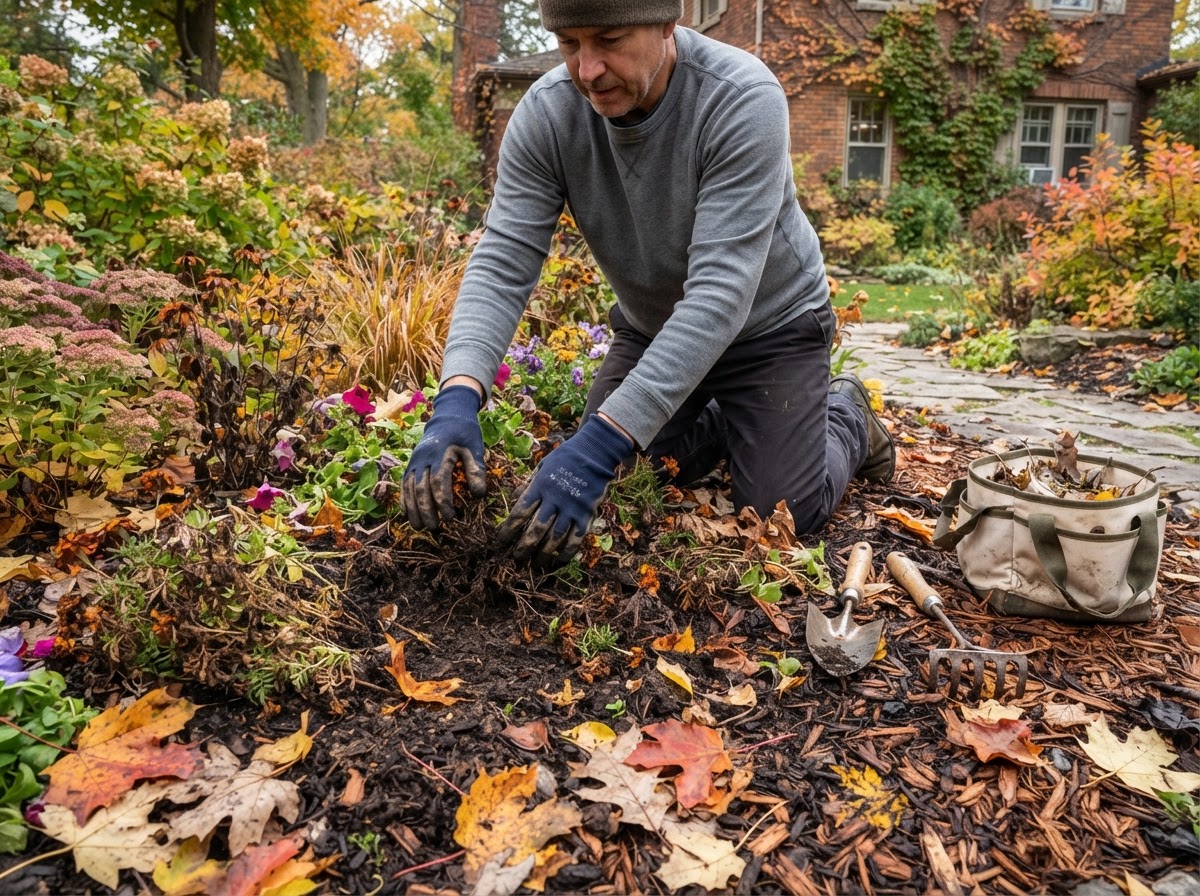 Fall garden bed cleanup and plant preparation at an Ontario home