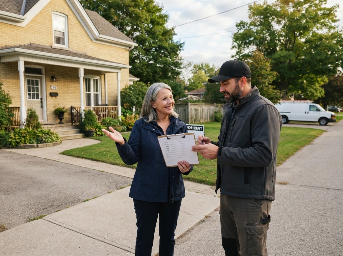 Landlord discussing rental property maintenance with a contractor in Orillia