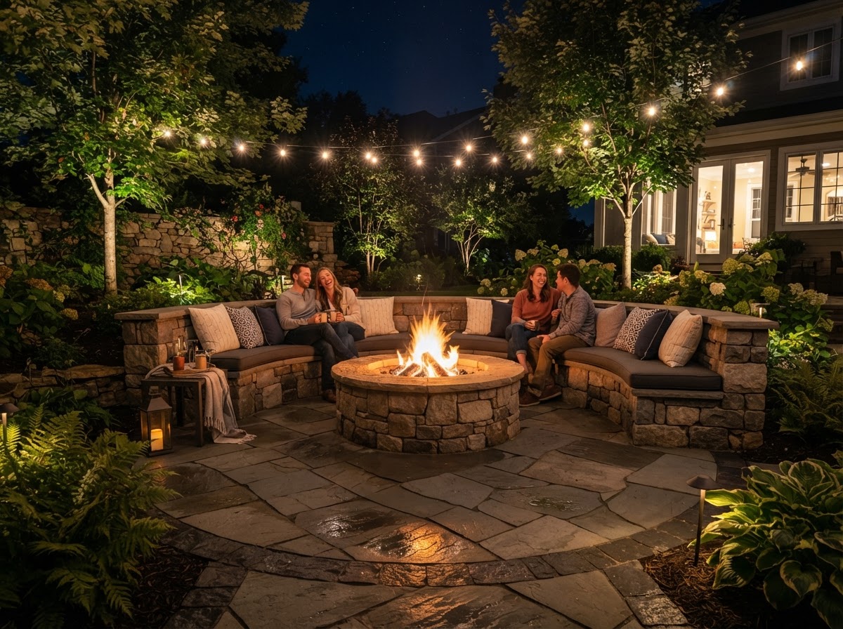 Backyard stone fire pit and patio in Severn Ontario