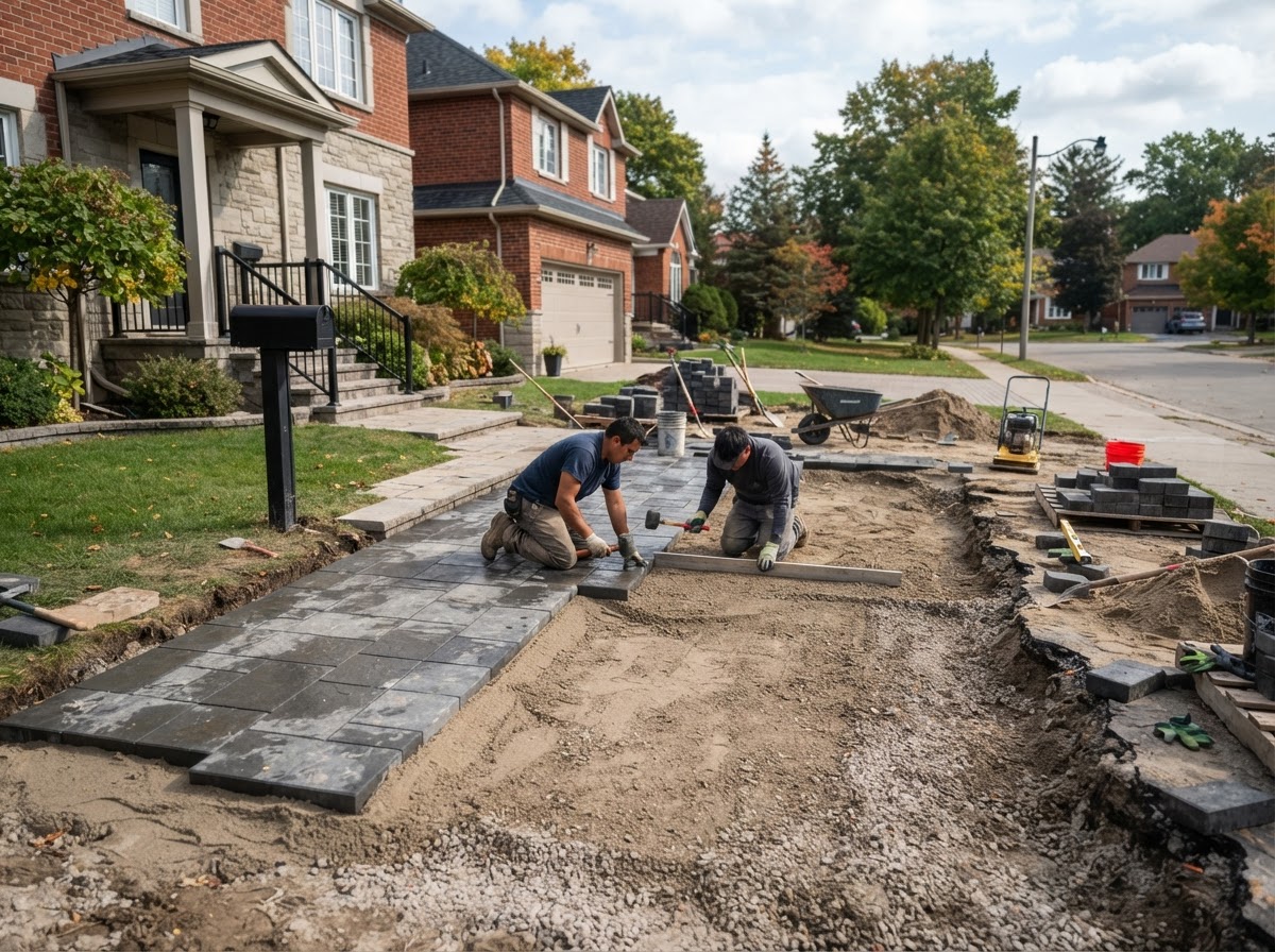 Excavated interlocking driveway installation showing prepared granular base material at an Ontario home