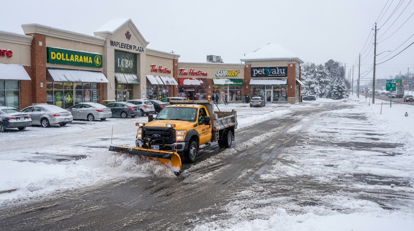 Commercial plaza parking lot being plowed during winter in Orillia Ontario