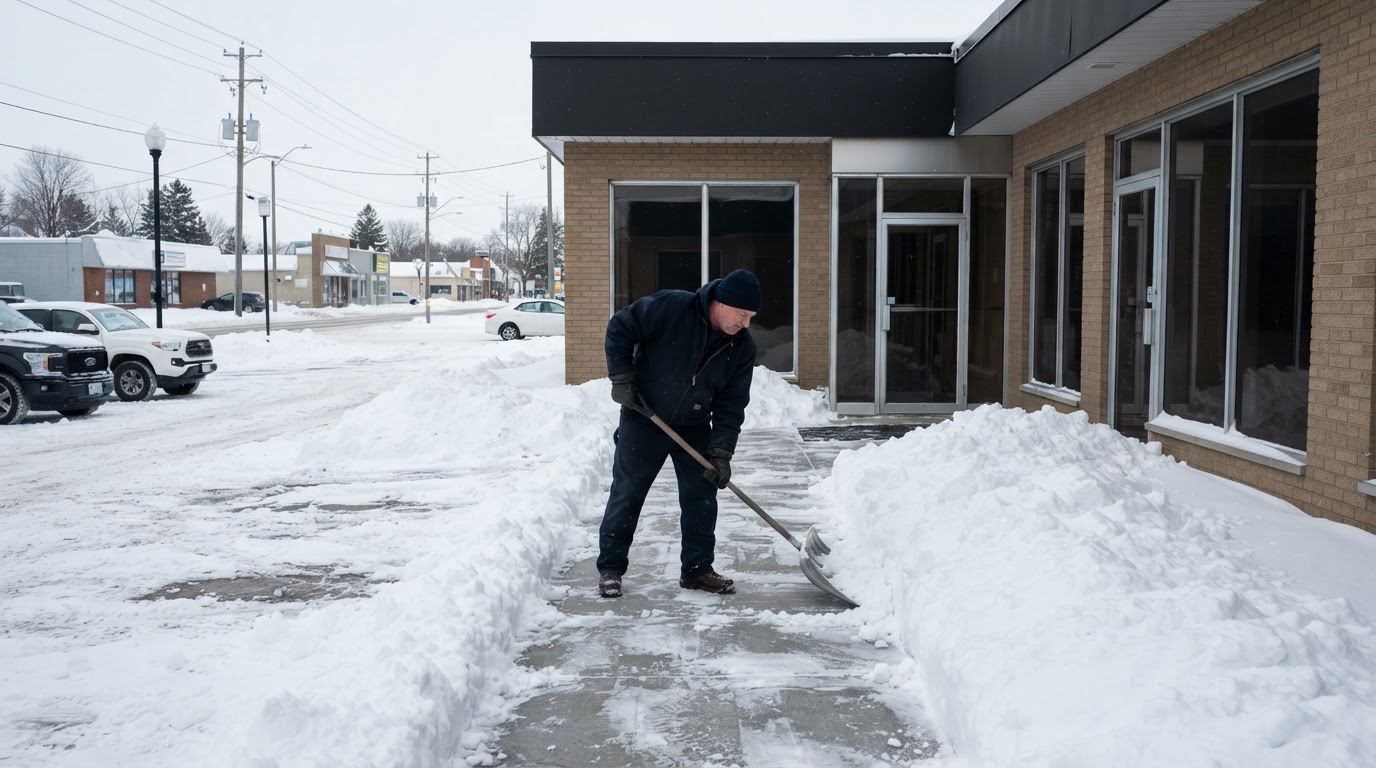 Unbranded worker clearing snow from a commercial sidewalk and entrance at an Ontario retail plaza