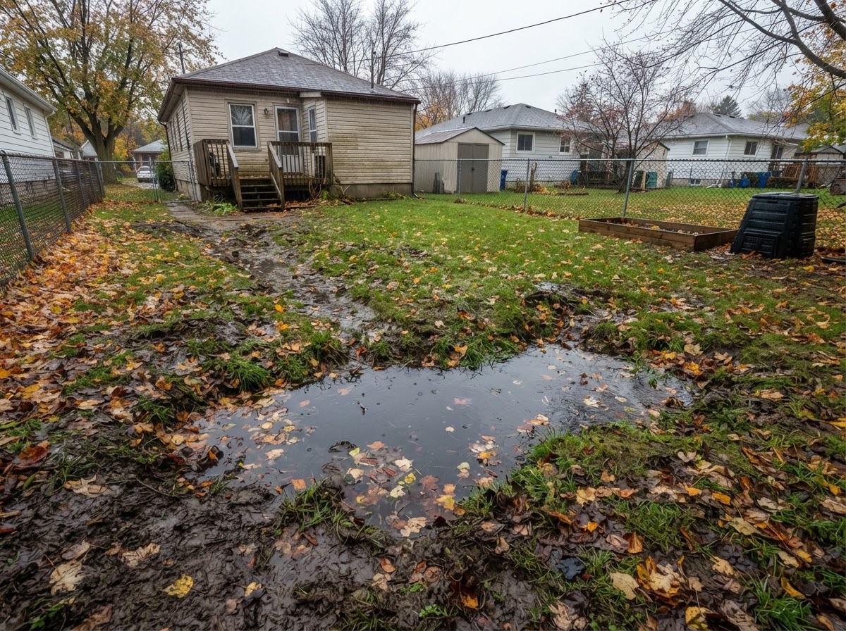 Standing water and saturated grass in an Ontario backyard after heavy rainfall