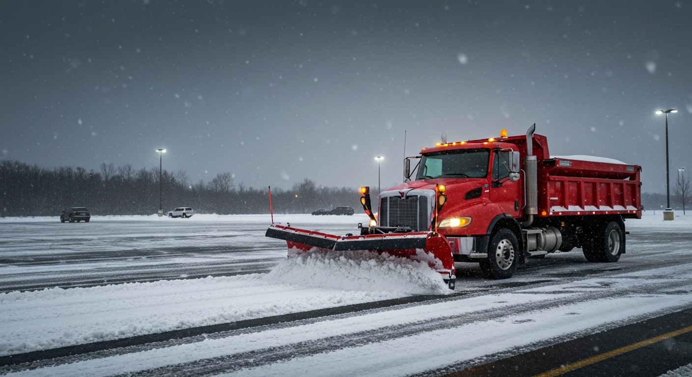 Commercial snow removal equipment plowing a parking lot in Ontario