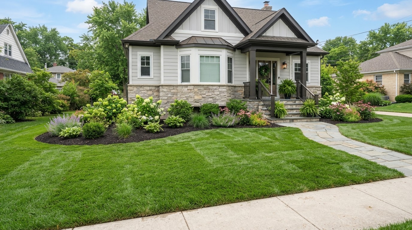 Before and after yard drainage correction and new lawn sod installation