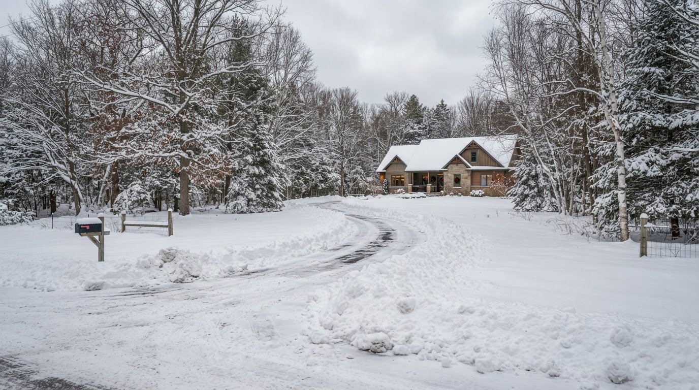 Long rural Severn driveway with snow banks piled along the edges after plowing