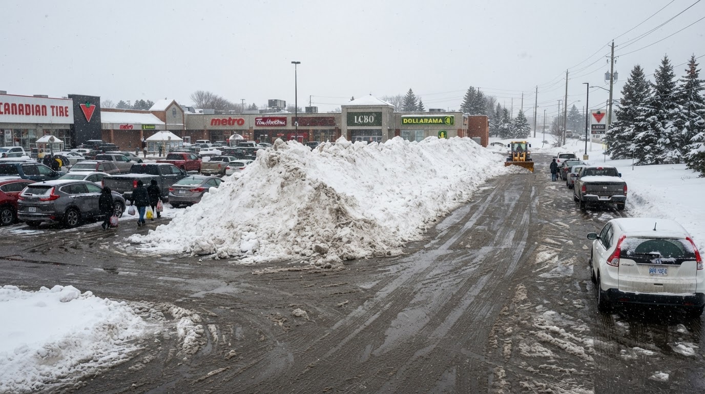 Large snow piles stacked at the edge of a plowed commercial parking lot in Orillia Ontario