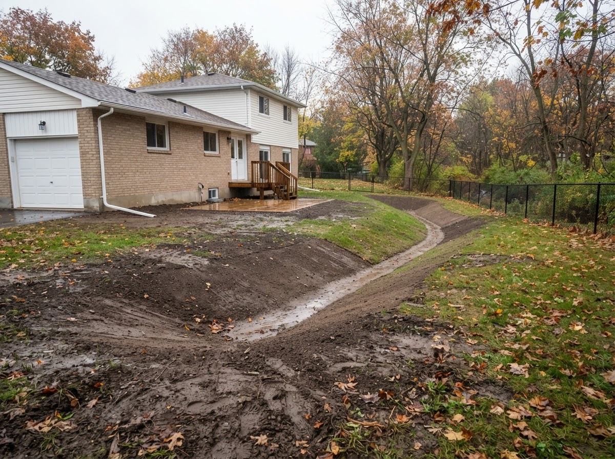 Autumn drainage grading work at an Ontario residential property