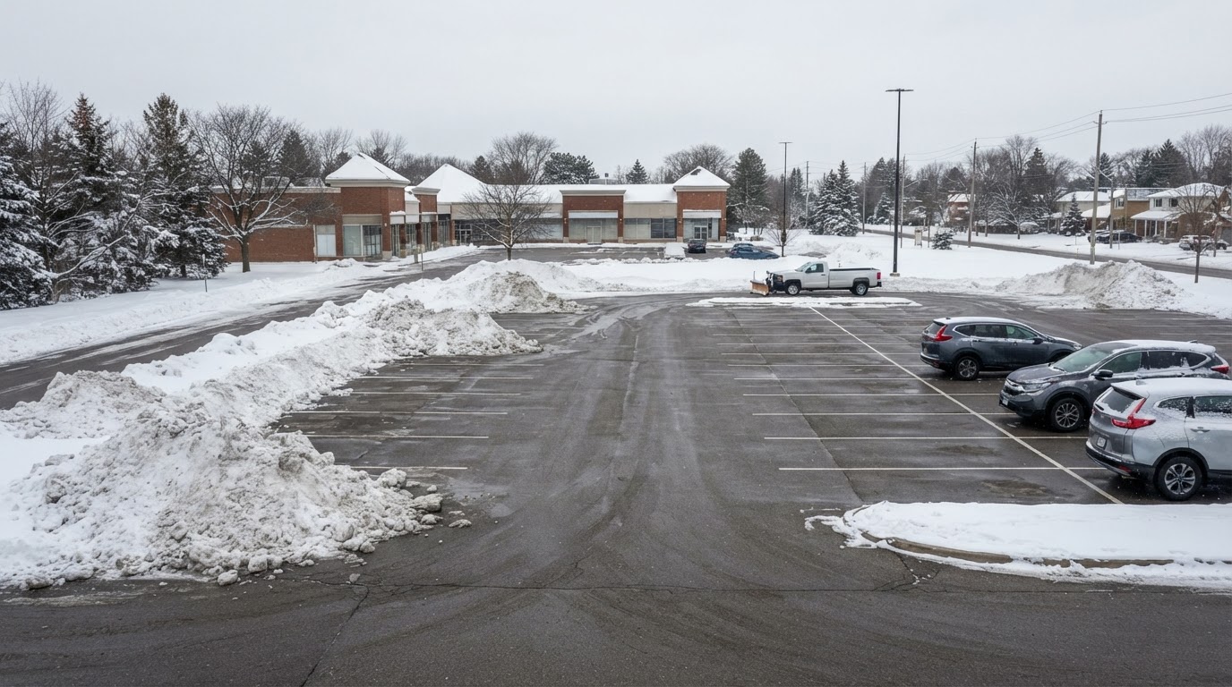 Commercial parking lot in Ontario with accumulated snow stored in designated piles and cleared vehicle lanes