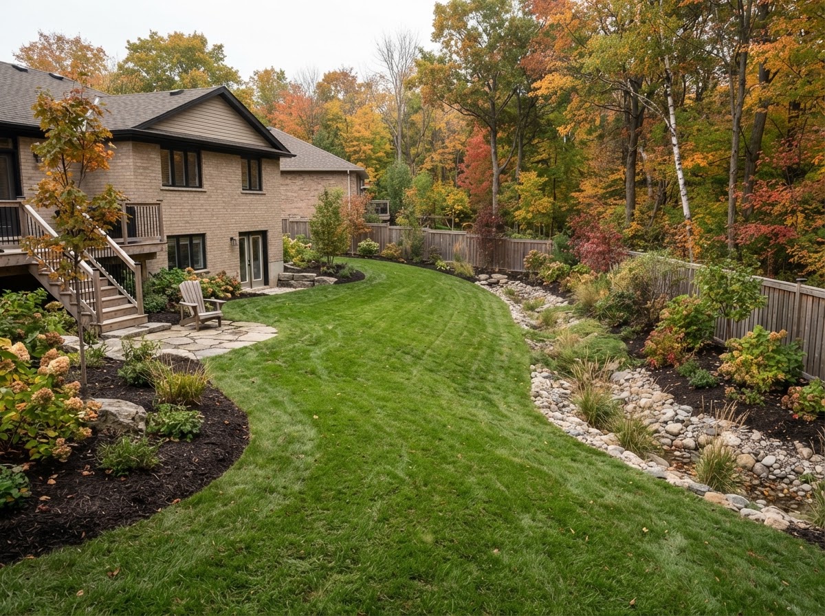 Residential backyard with improved lawn grading and surface drainage in Ontario