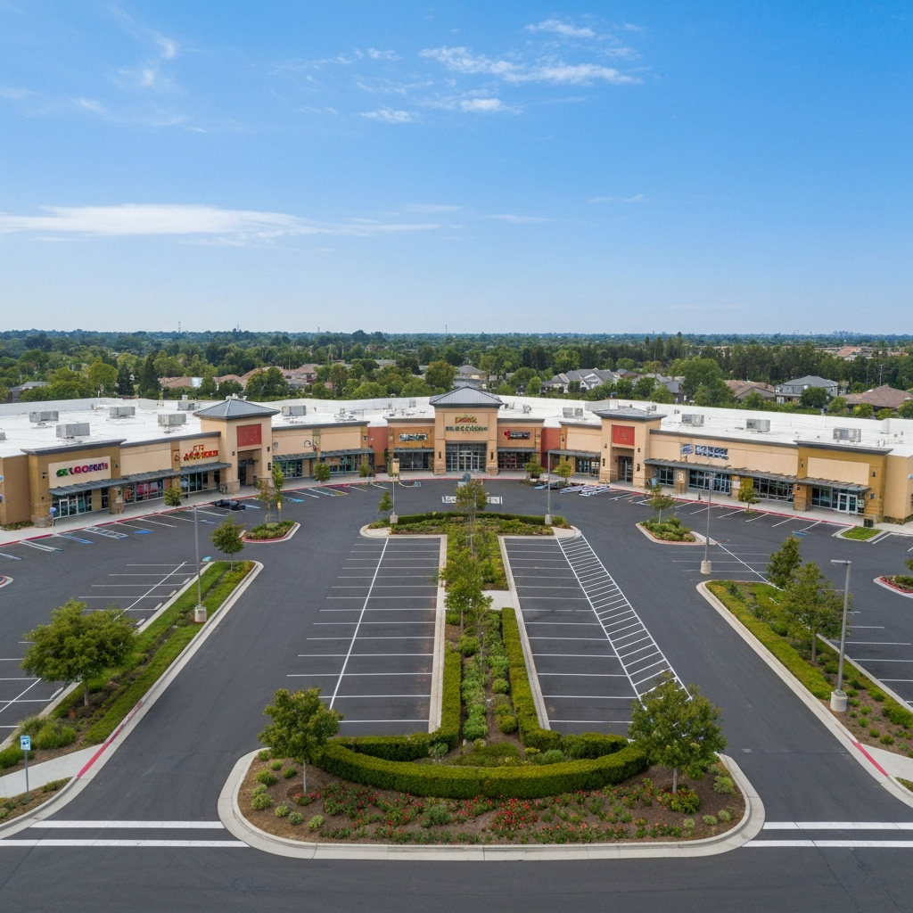 Retail Plaza Maintenance Well-maintained Ontario retail plaza with professional landscaping and clean parking lot