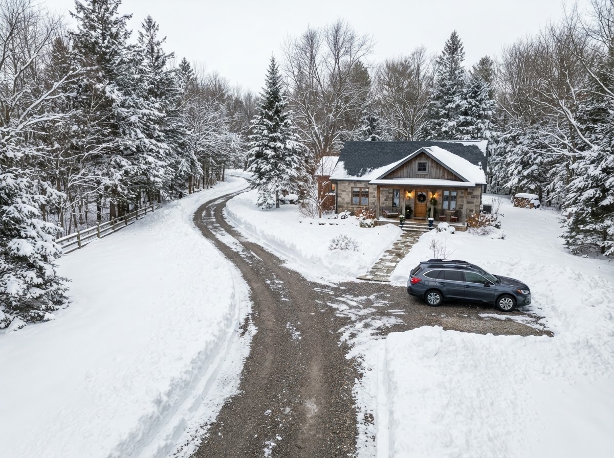 Seasonally maintained rural driveway during winter in Severn Ontario