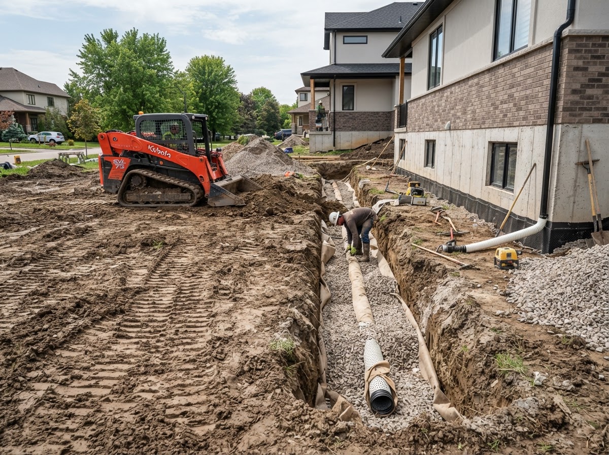 Yard grading and drainage work on a Severn Ontario property with French drain installation