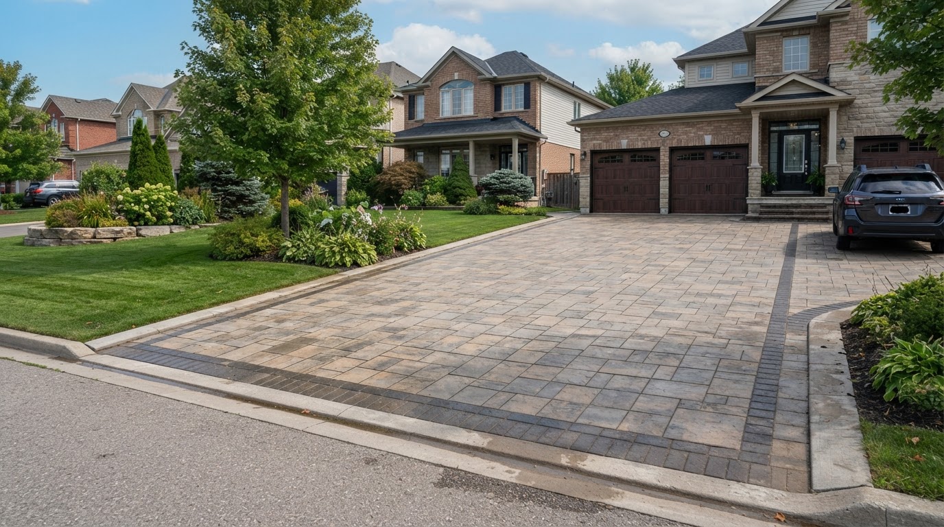 Large interlocking stone driveway with decorative paver borders at a suburban Ontario detached home