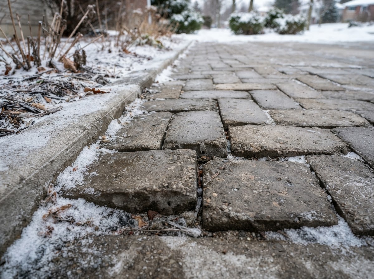 Interlocking driveway pavers showing uneven edges and frost heave damage after Ontario freeze-thaw cycles
