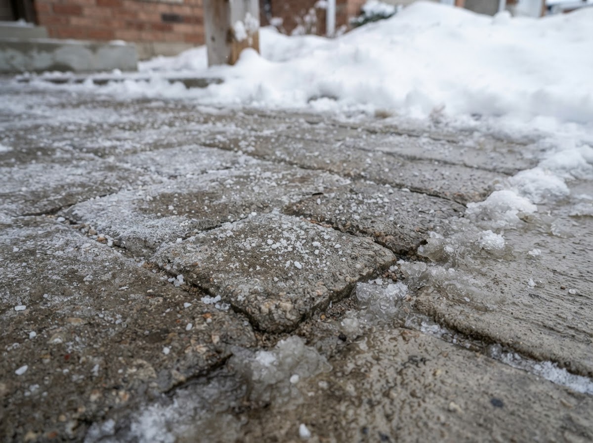 De-icing material on interlocking driveway pavers during Ontario winter weather