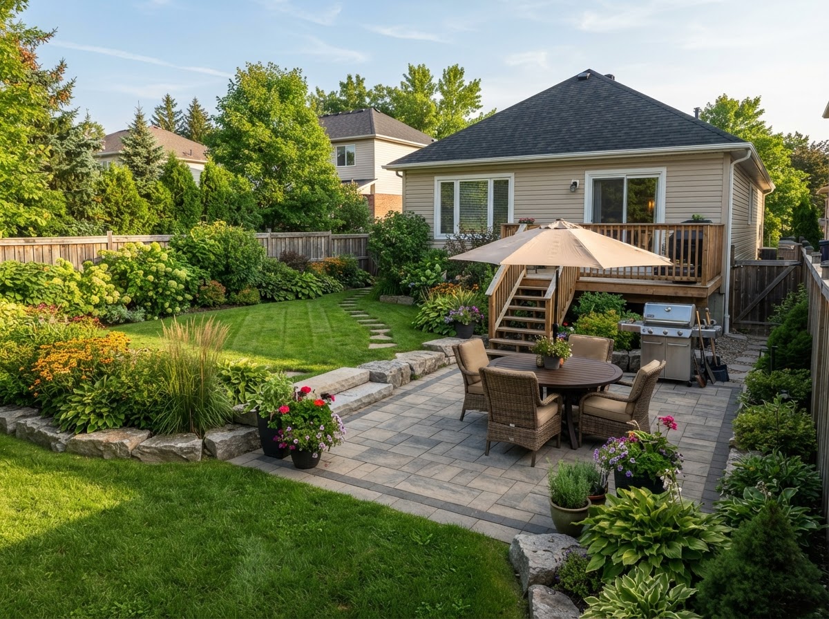 Finished interlocking stone patio with lawn and garden beds at a Central Ontario home