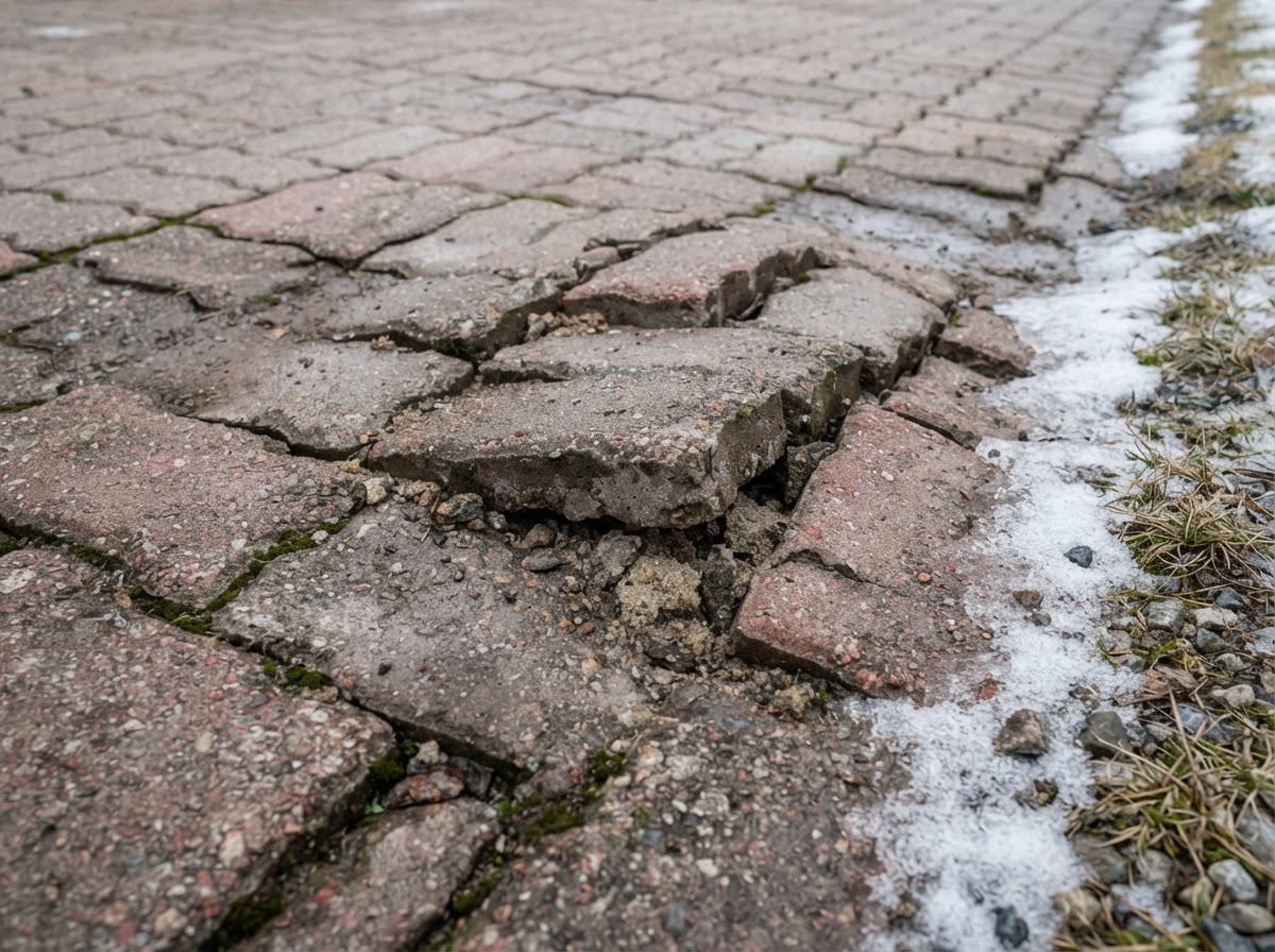 Uneven interlocking driveway pavers showing possible frost heave and settling after winter