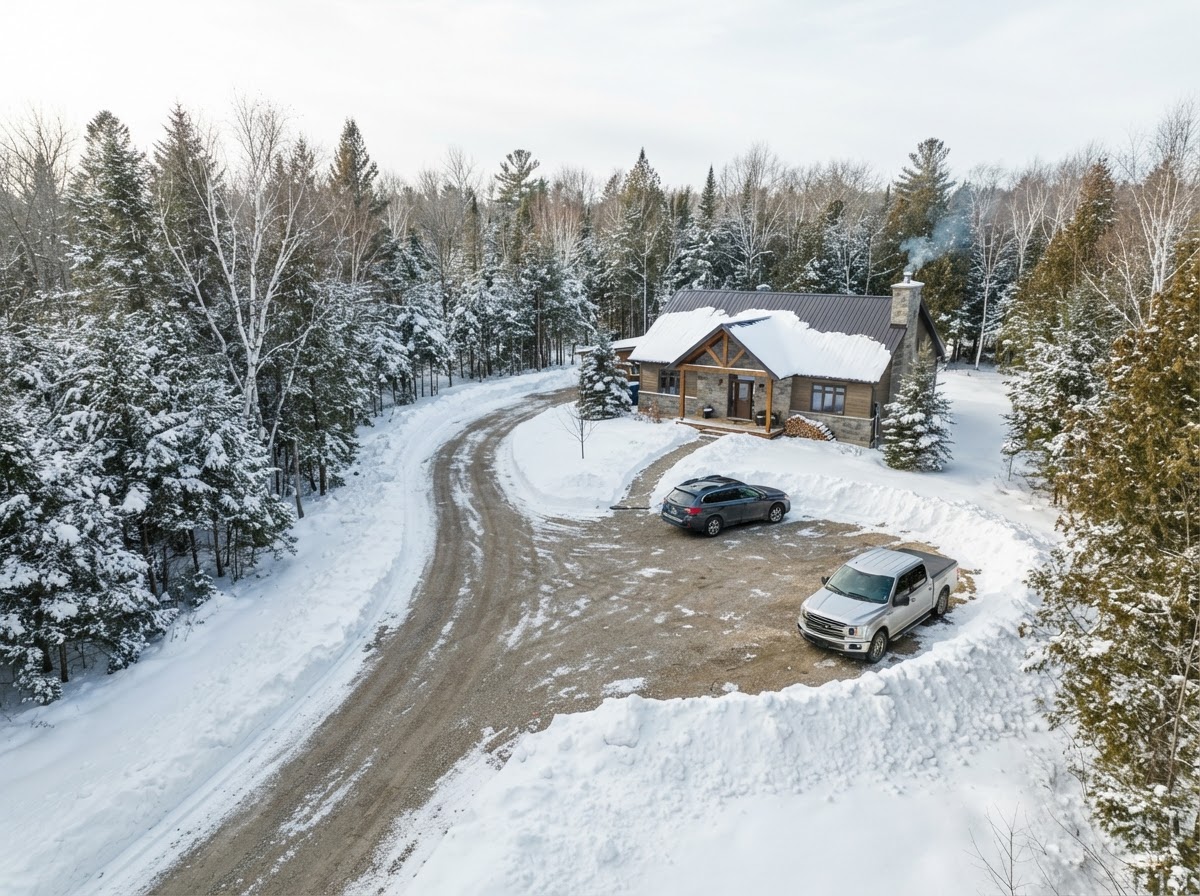Snow storage and driveway turnaround area at a rural Severn Ontario property