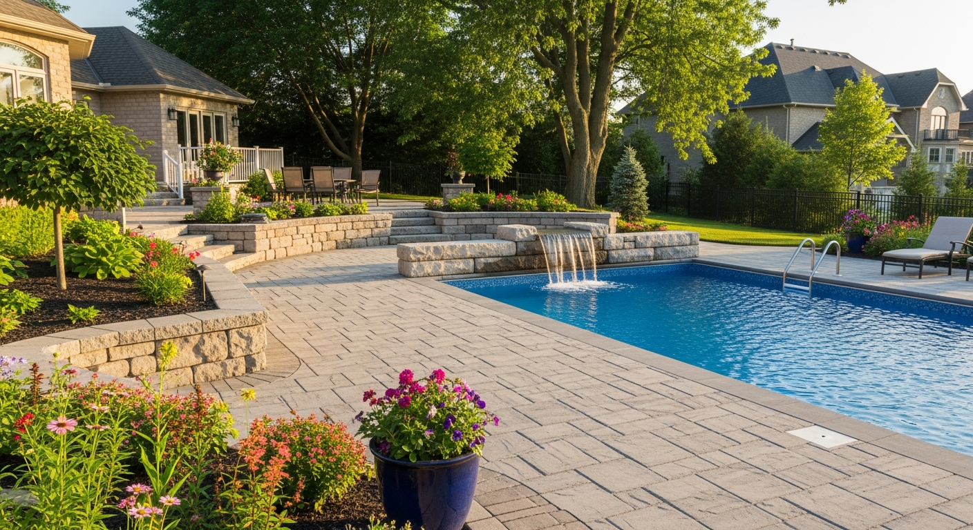 A modern outdoor living space with interlocking stone and a pool in Ontario