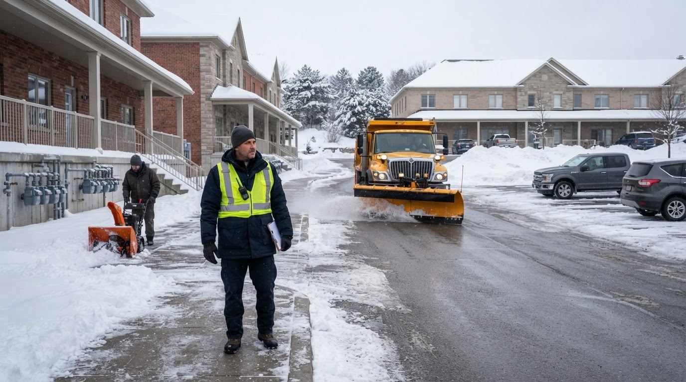 Commercial property manager overseeing winter snow clearing at a multi-unit Ontario property