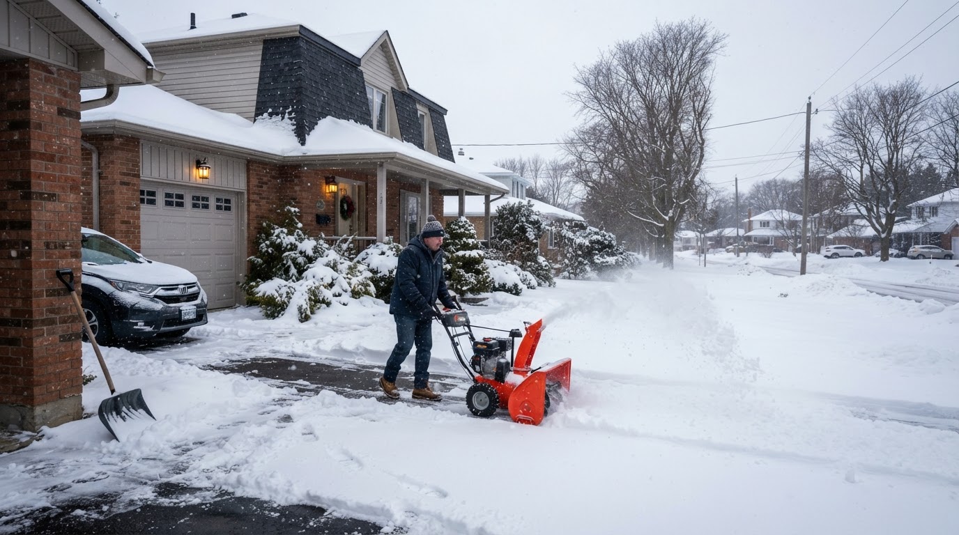 Residential driveway being cleared of snow after an overnight snowfall in Orillia Ontario