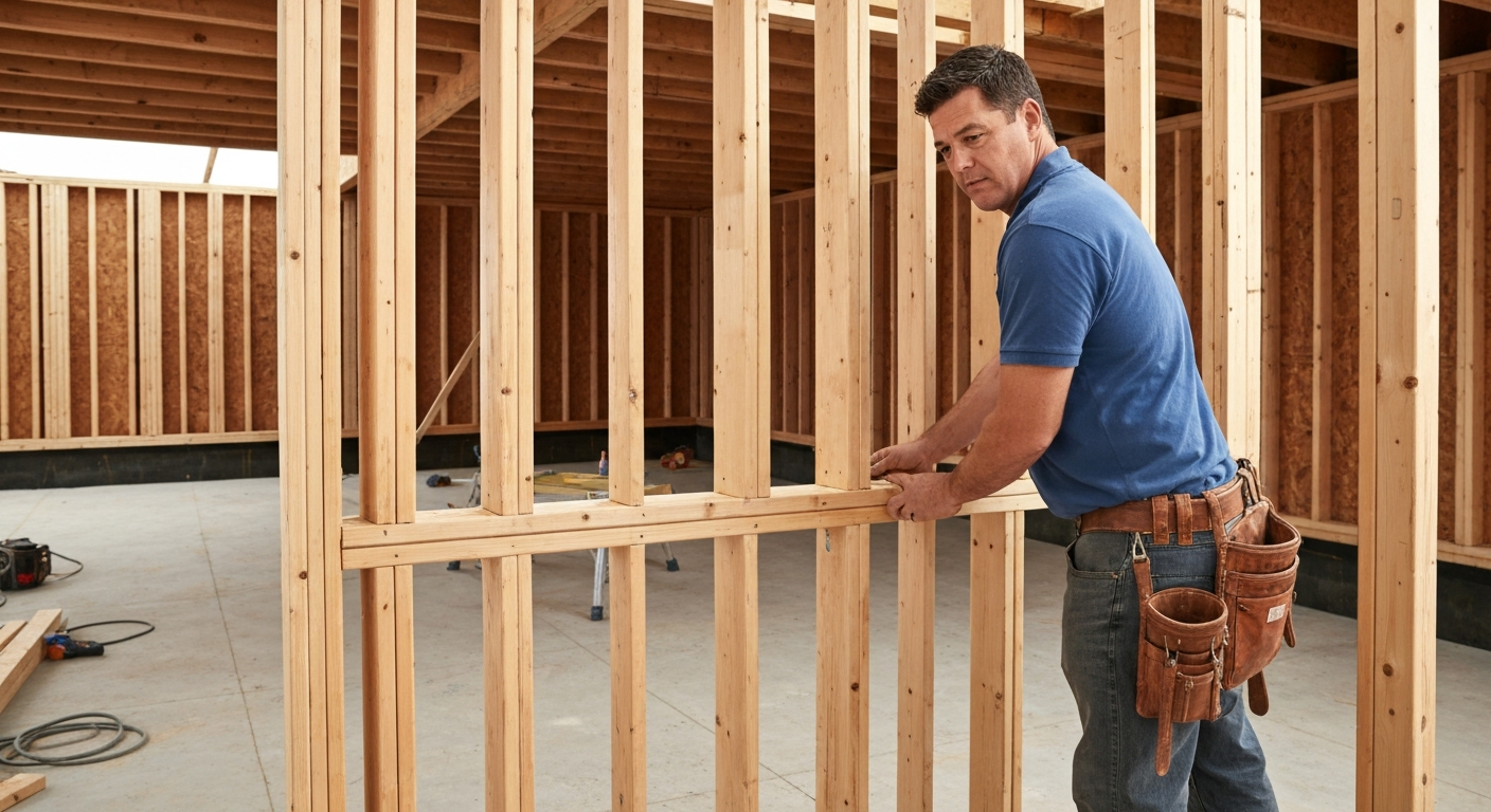 Contractor framing a new basement wall with wood studs