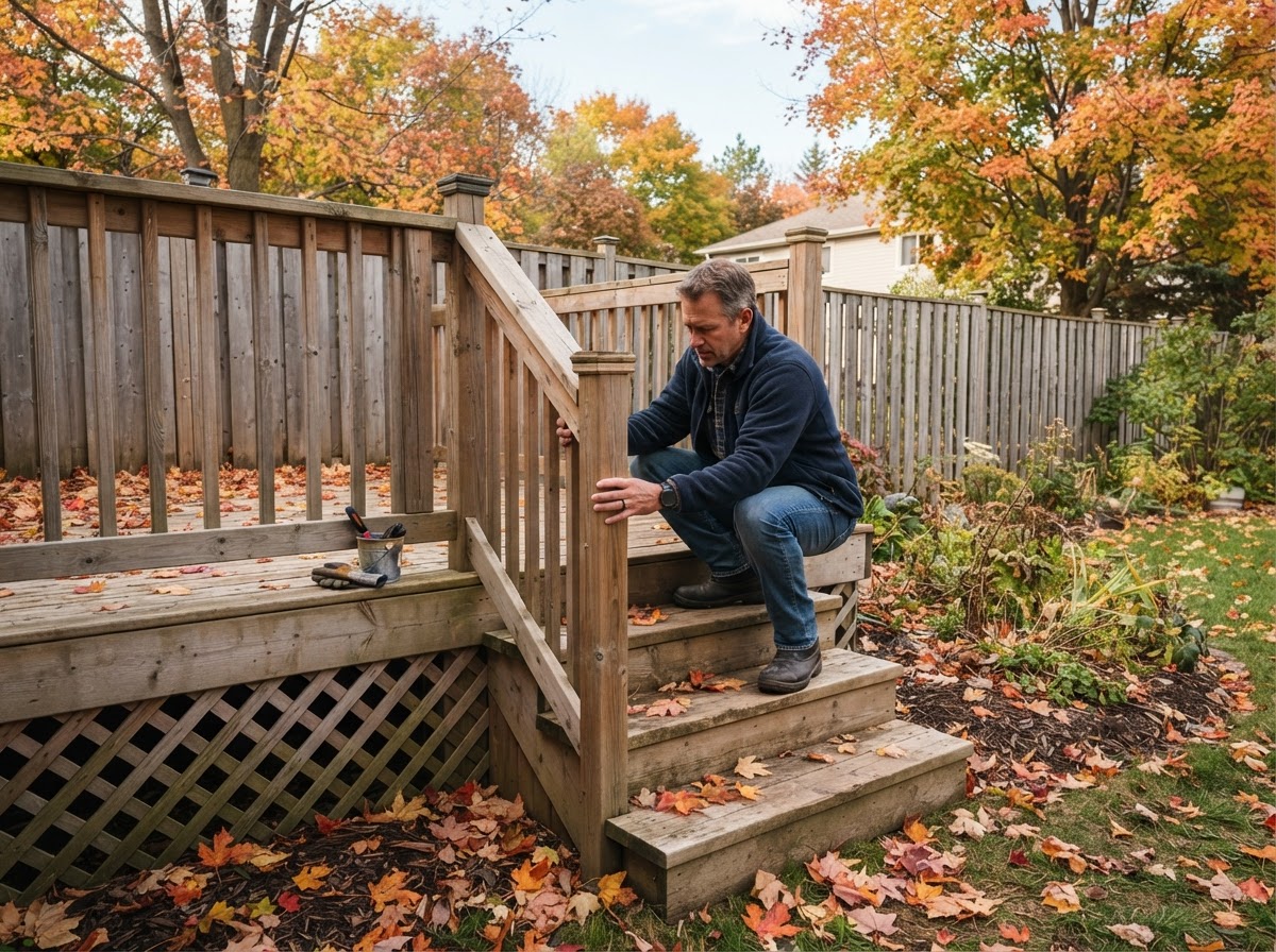 Inspecting an outdoor wooden deck and stairs before winter in Ontario