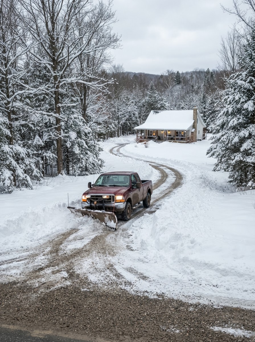 Per-visit snow plowing on a rural residential driveway in Severn Ontario