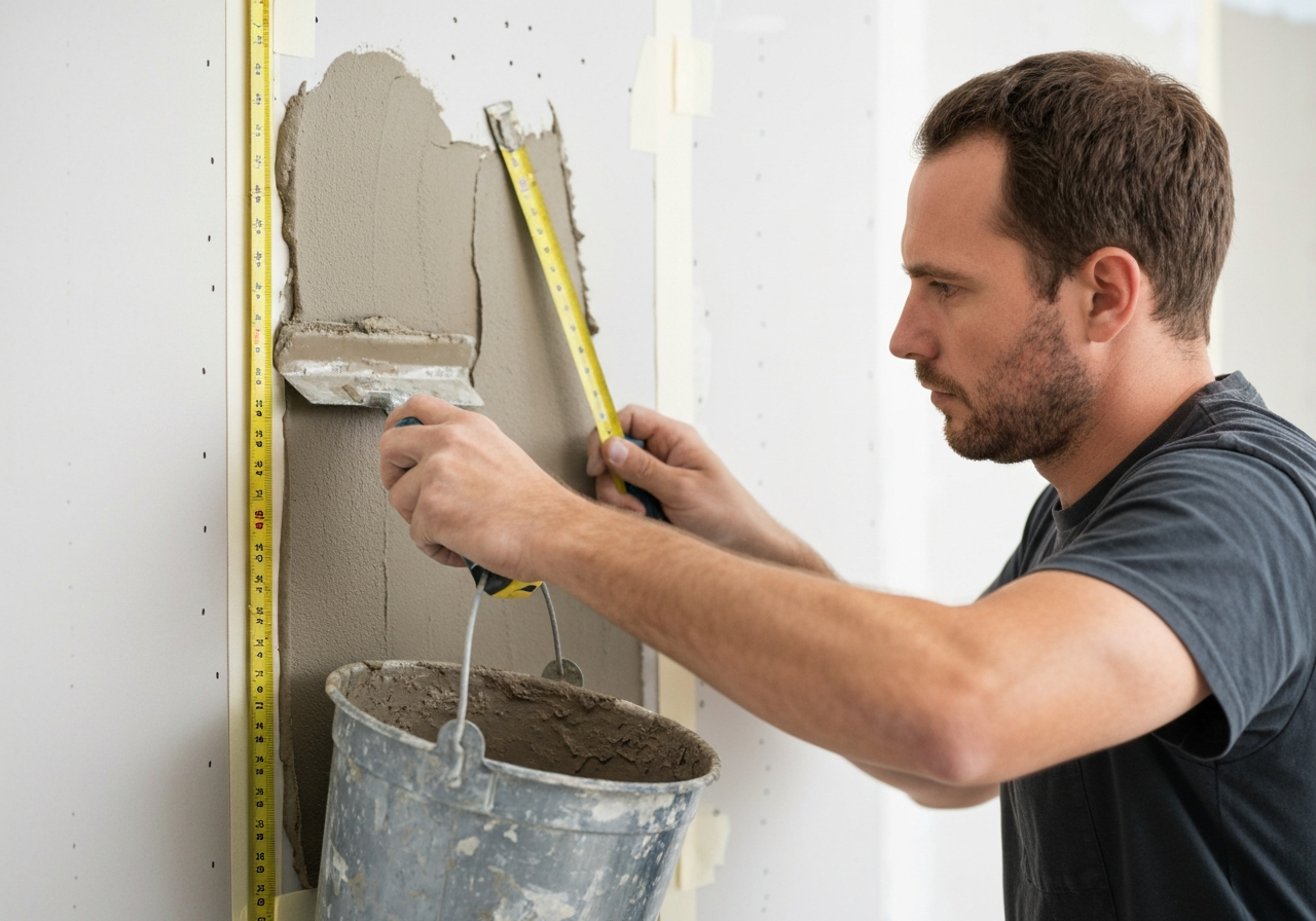 Contractor mudding and taping drywall joints for a smooth finish