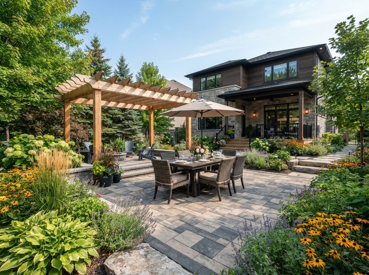 Backyard transformation in Severn Ontario with interlocking patio, pergola, fire pit and landscape lighting