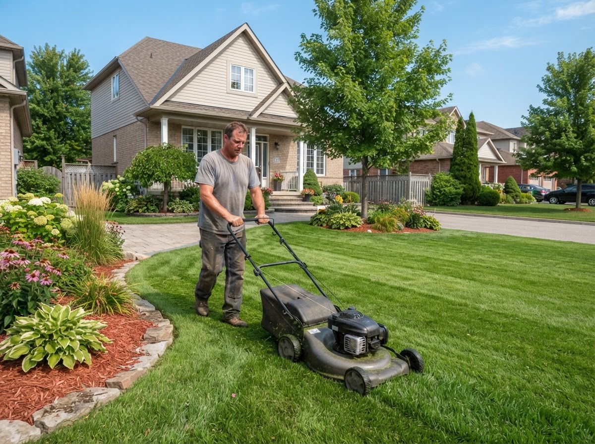 Unbranded grounds worker mowing a lawn and trimming edges at an Ontario residential property