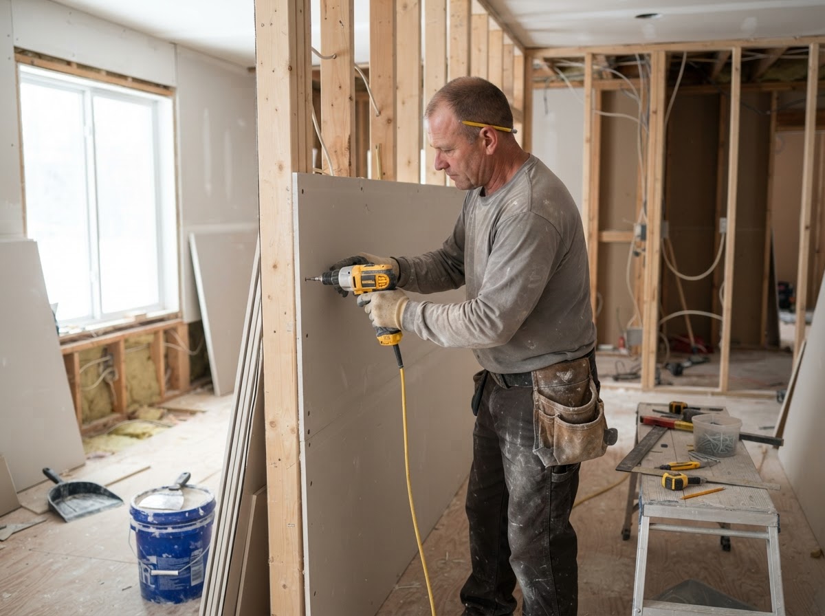 Tradesperson installing drywall on interior wall framing during a home renovation