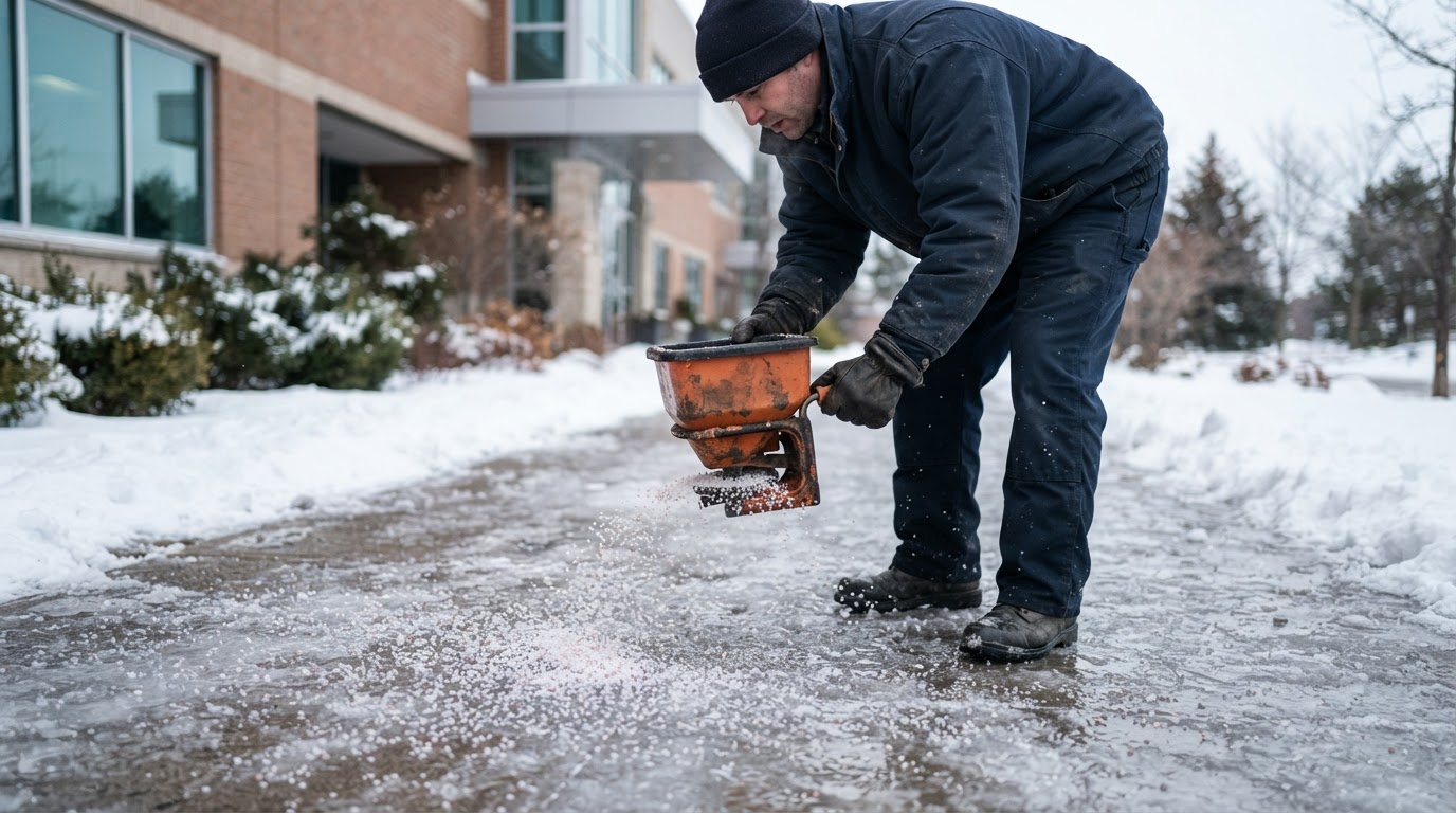Unbranded worker applying de-icing salt to an icy commercial walkway in Central Ontario