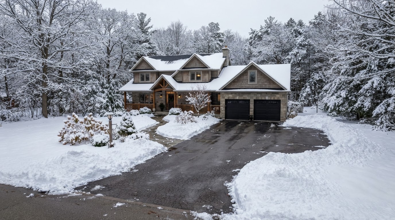 Cleared driveway turnaround area with neatly stacked snow banks at a Severn property