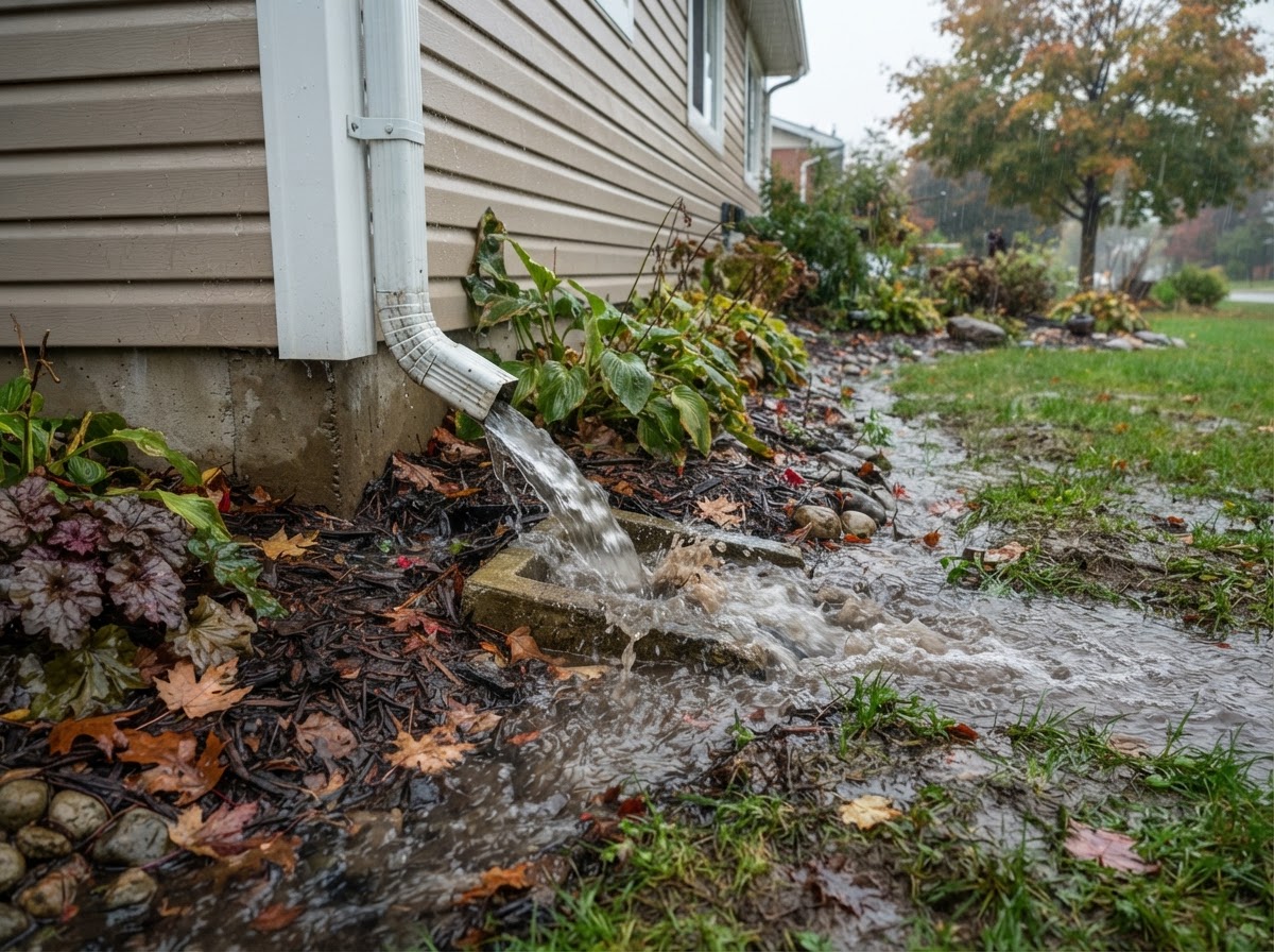 Rainwater runoff from a downspout contributing to poor yard drainage