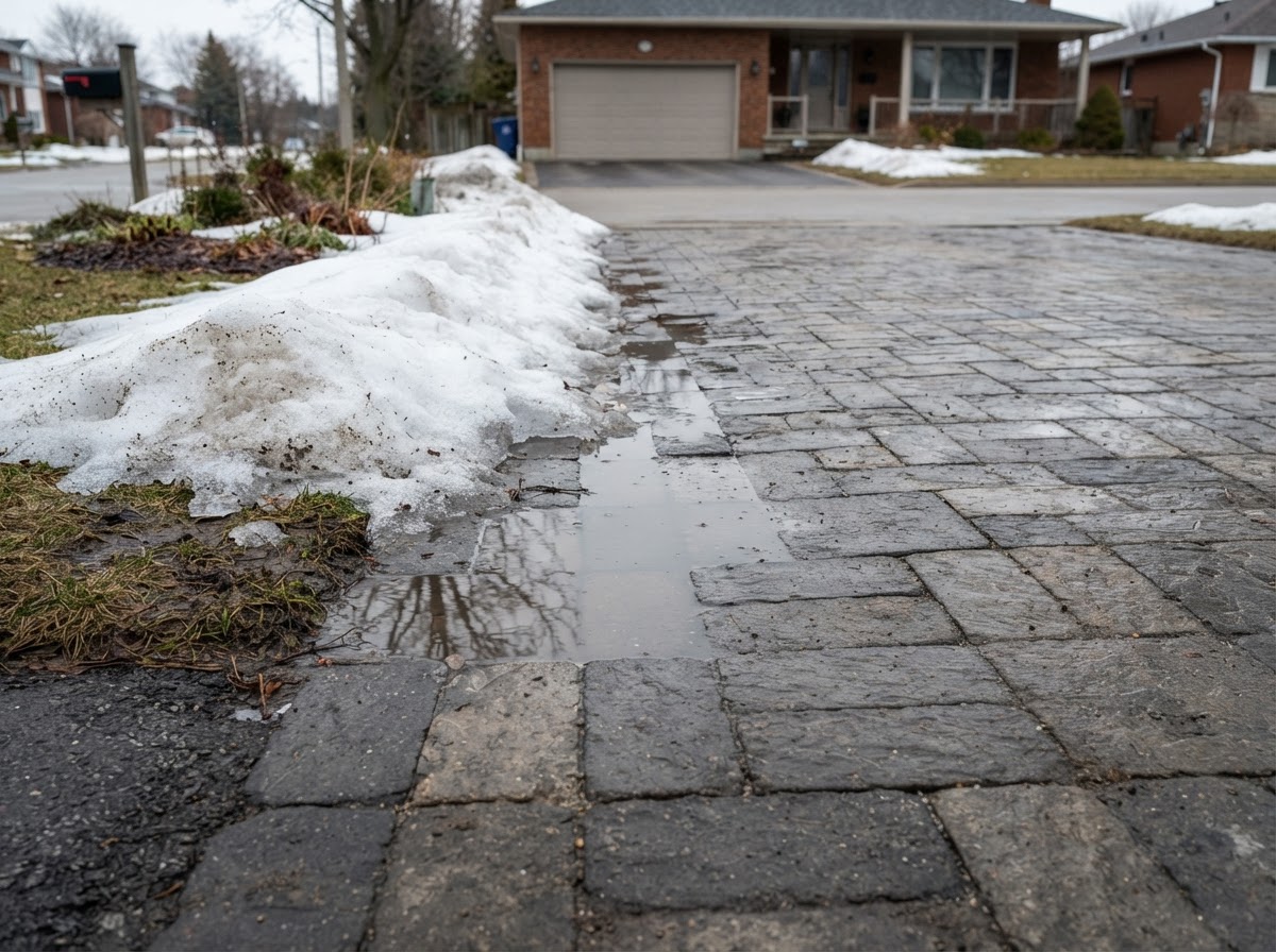 Water pooling on an interlocking driveway during winter thaw conditions in Ontario