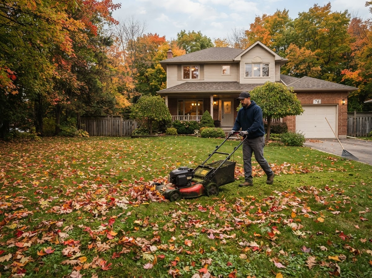 Final autumn lawn mowing at an Ontario residential property before winter