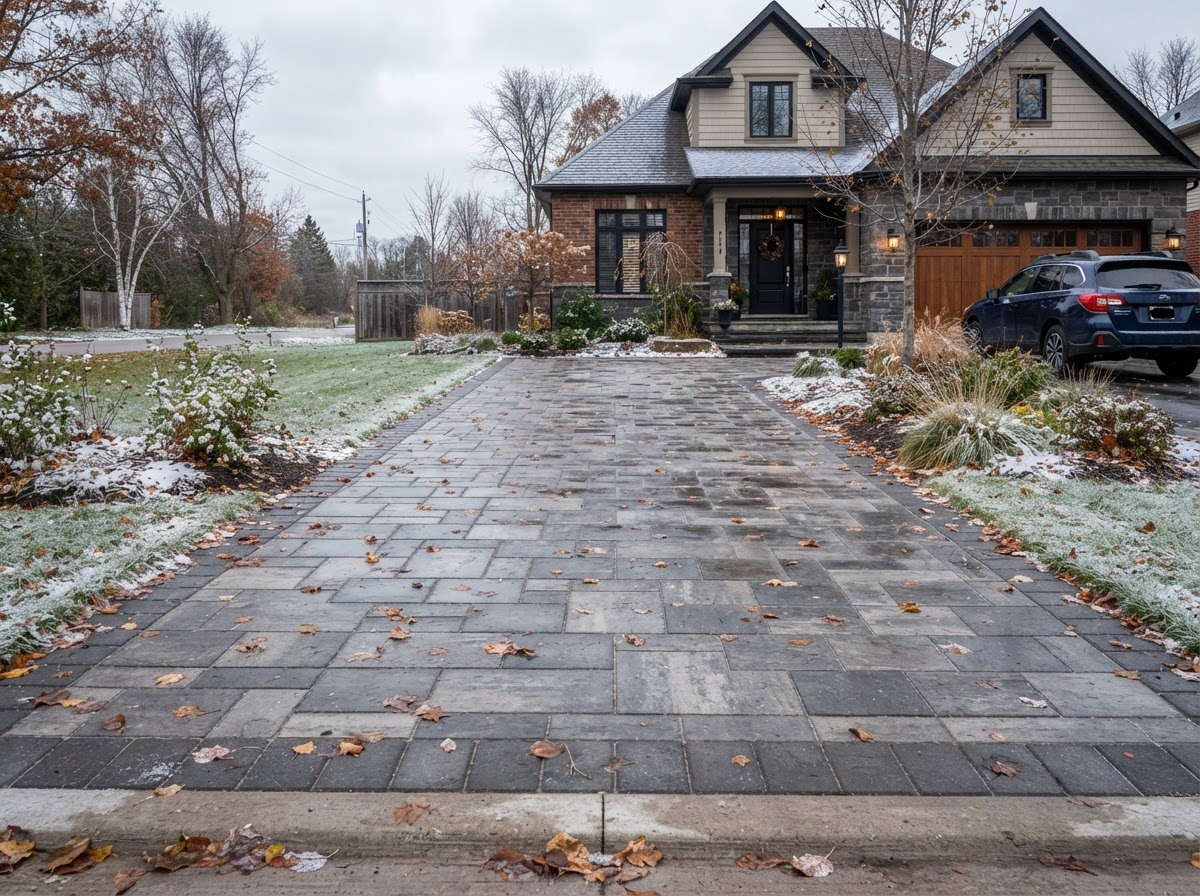 Interlocking driveway at a Simcoe County home in late autumn with light frost and early snow preparing for Ontario winter