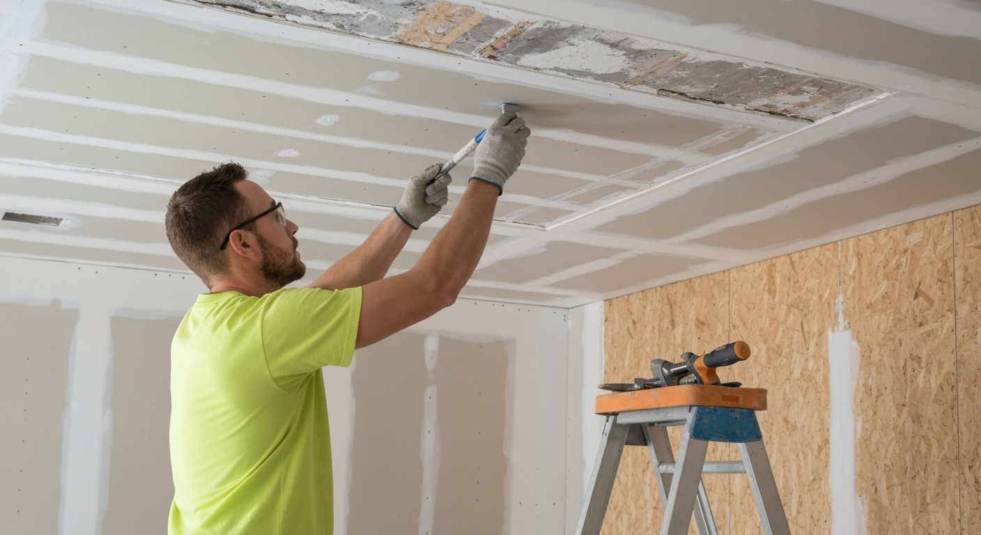 Contractor repairing water damaged drywall ceiling