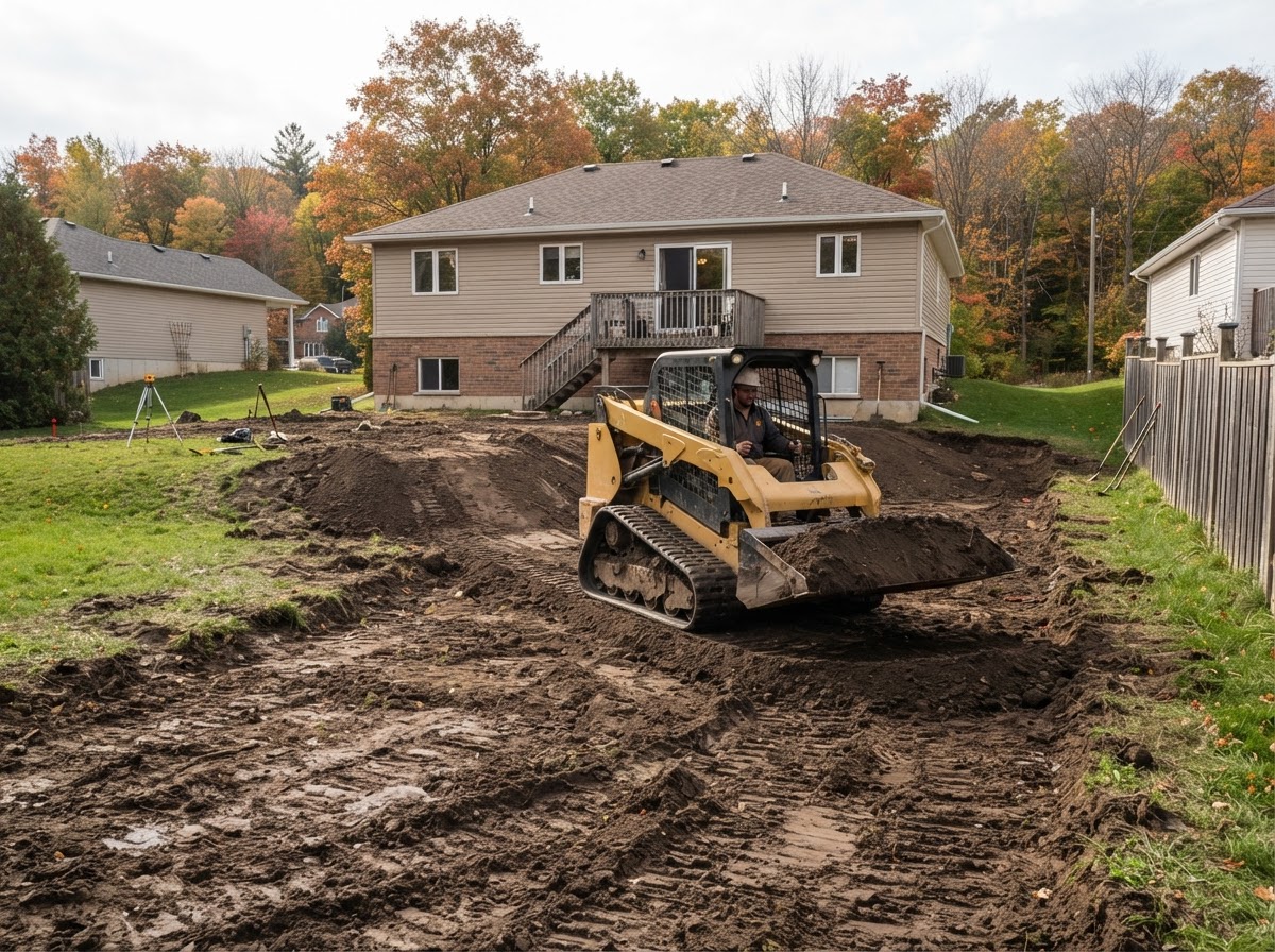 Residential backyard regrading to improve surface drainage in Severn Ontario