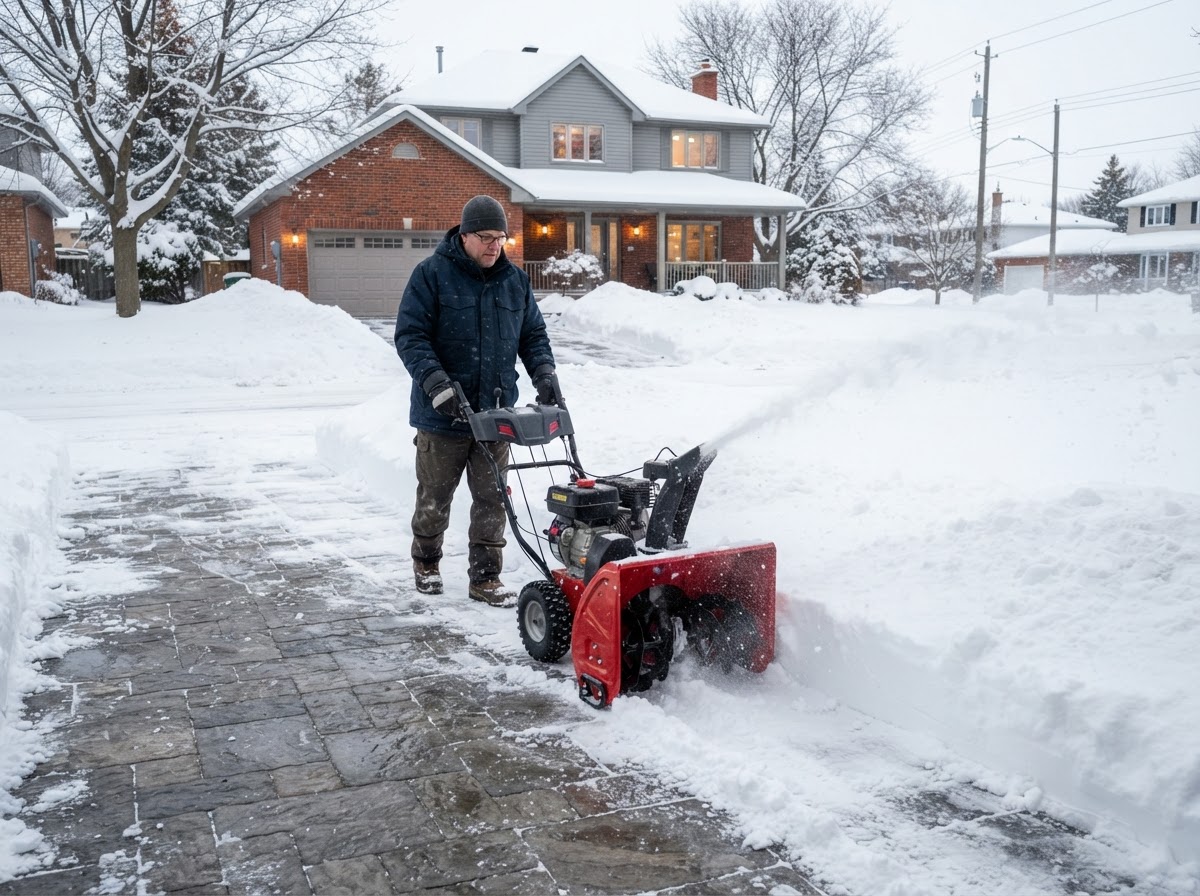 Fresh snow being cleared from an interlocking driveway at an Ontario residential property with a snowblower